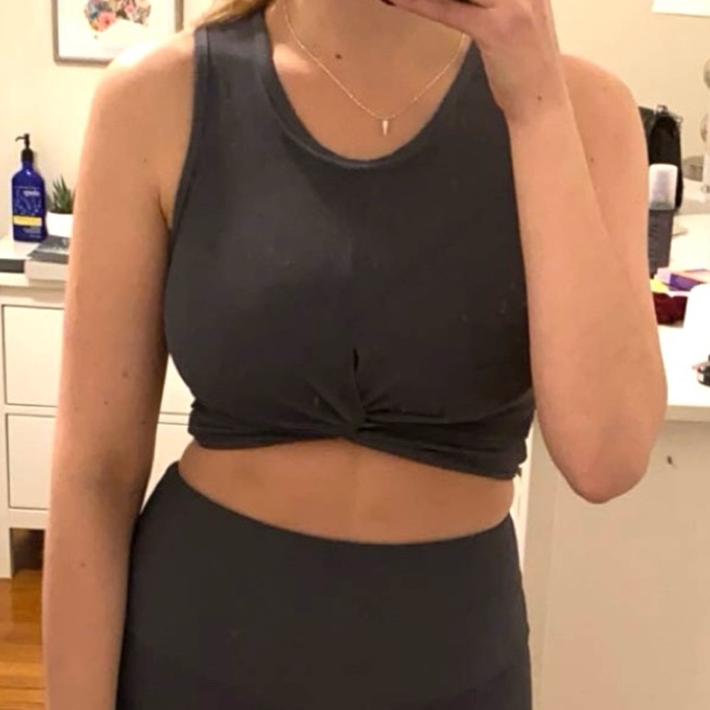 Onzie Ribbed Twist Front Crop Top Tank In Grey View 5